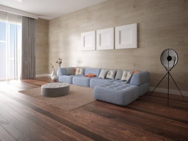 Büyük bir köşe kanepe ve orijinal hipster arka plan ile geniş bir oturma odası kadar mock.