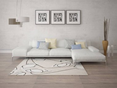 Büyük bir köşe kanepe ve orijinal hipster arka plan ile geniş bir oturma odası kadar mock.