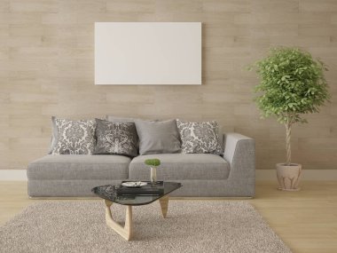 Modern kanepe ve modaya uygun özgün arka planla kompakt oturma odasını düzenle.