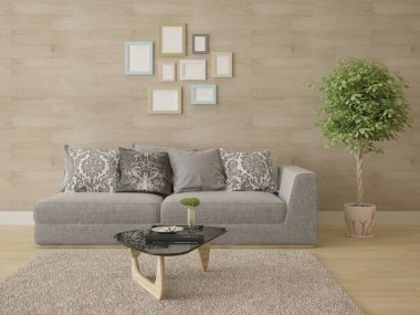 Şık, modern kanepe ve modaya uygun arka planla kompakt oturma odasını düzenle..