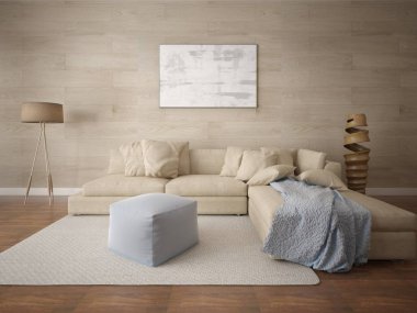 Orijinal köşe kanepe ve şık dekoratif alçı ile şık bir oturma odası kadar mock.