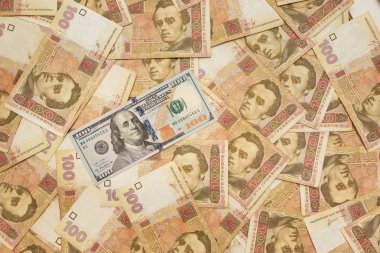 Amerikan Doları Ukrayna Grivnası ile serilmiş. Grivnası notları arasında dolar. Para arka planı