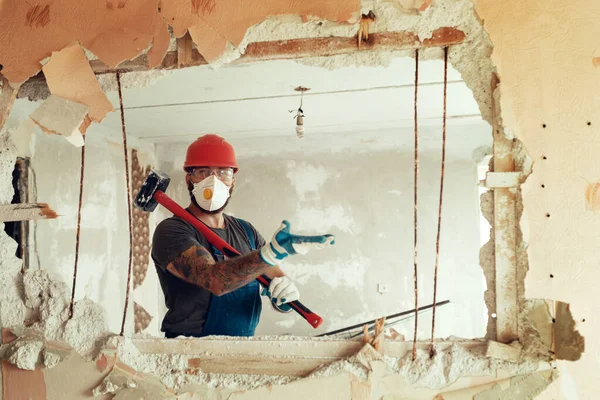 Builder Hammer His Hands Breaks Cement Wall Builder Dressed Protective — Stock Photo, Image