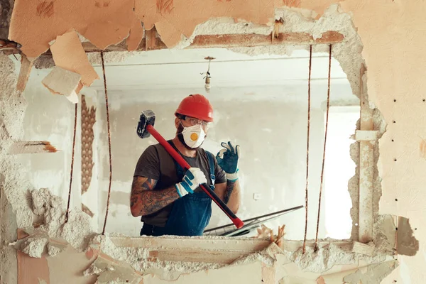 Builder Hammer His Hands Breaks Cement Wall Builder Dressed Protective — Stock Photo, Image