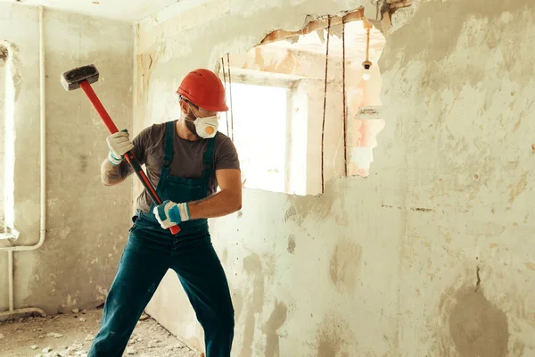 Builder Hammer His Hands Breaks Cement Wall Builder Dressed Protective — Stock Photo, Image
