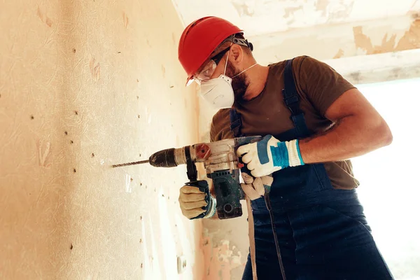 Builder Perforator Drills Holes Concrete Wall Builder Dressed Protective Suit — Stock Photo, Image