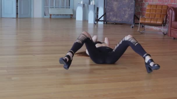 Sexy Lady Lying Floor While Making Striptease Black Stockings Body — Stock Video