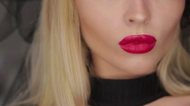 Cosecha femenina posando con los labios — Vídeo de stock