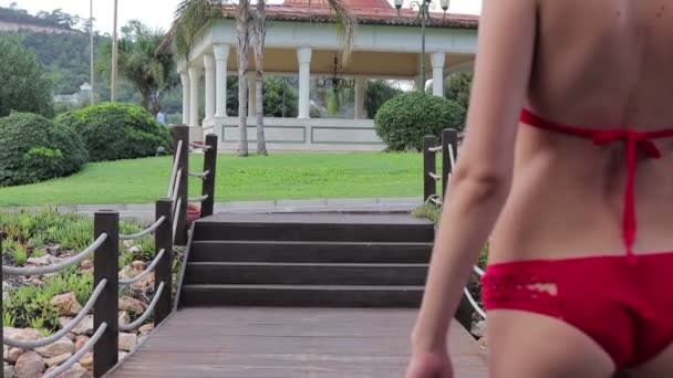 Szép, fiatal lány a strandon gyomor és hát-ban lassú mozgás visel piros bikini szexi gyomor és butt trópusi vakáció zár-megjelöl szemcsésedik hátulnézet — Stock videók
