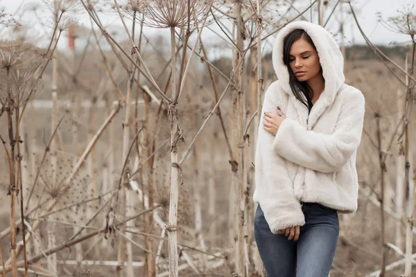 Retrato de una joven morena en las cañas —  Fotos de Stock