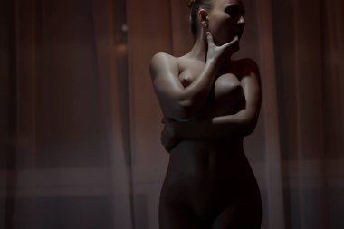 Genç seksi çıplak kadın karanlık odada poz