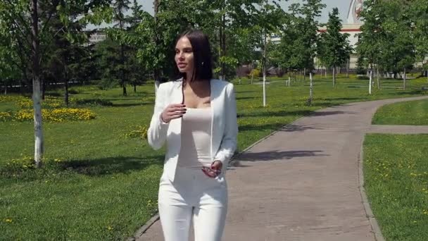 在公园小径上散步的时髦女人 — 图库视频影像