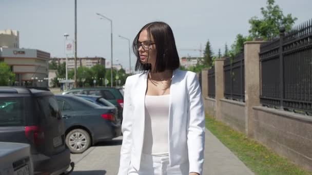 Femme élégante marchant sur le chemin dans le parc — Video