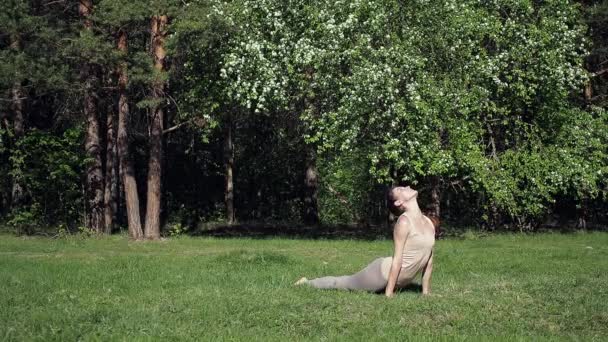 Park 'ta yoga yapan kadın. — Stok video