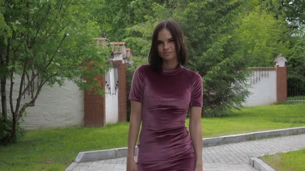 Selbstbewusste Sinnliche Frau Elegantem Hellrosa Kleid Die Die Kamera Blickt — Stockvideo