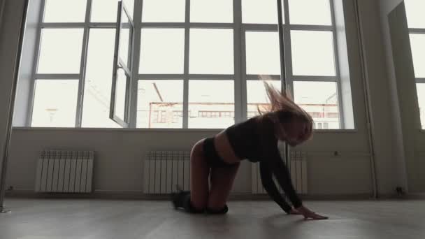 Гнучка жінка танцює на полюсі в студії — стокове відео