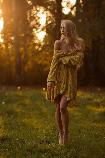 Mujer Rubia Cuerpo Completo Vestido Floral Mirando Hacia Otro Lado — Foto de Stock