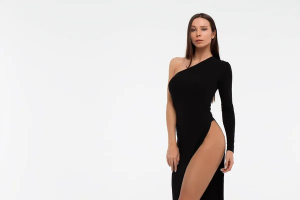 Vista Lateral Sensual Dama Vestido Negro Sexy Mirando Cámara Sobre — Foto de Stock