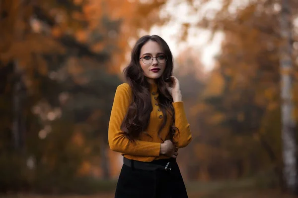 Young Long Haired Brunette Yellow Knitted Jumper Eyeglasses Looking Camera — Stock Photo, Image