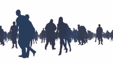 Kalabalığa doğru hareket eden kamera uzaktaki siste kayboluyor ve beyaz izole arkaplanda ufuk çizgisine bakıyor ve hareket ediyor.