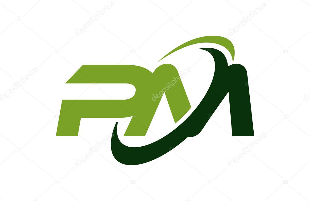PM Logo Swoosh Ellipse Green Letter Vector Concept