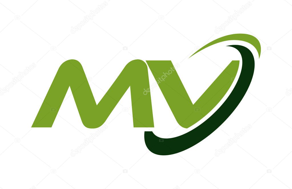 MV Logo Swoosh Ellipse Green Letter Vector Concept