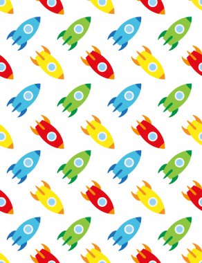 Roket ve gezegenler uzayda, kusursuz çocuk modeli, vektör, beyaz arkaplan