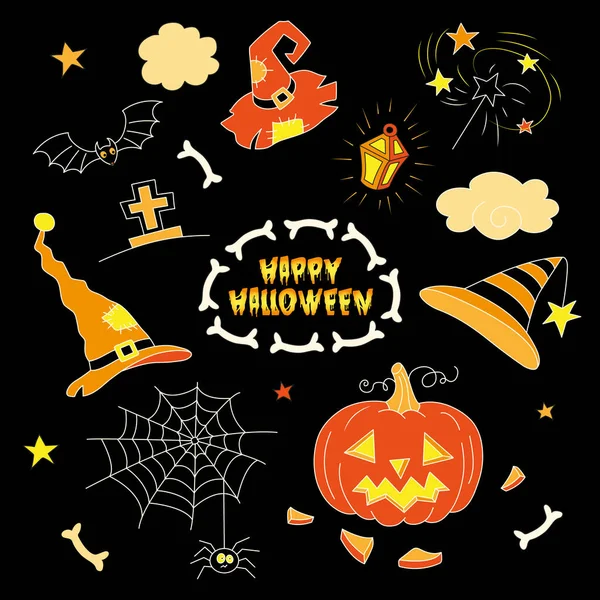 Halloween-Set, Kürbis, Mütze, Fledermaus, Kreuz. Schwarzer Hintergrund. — Stockvektor