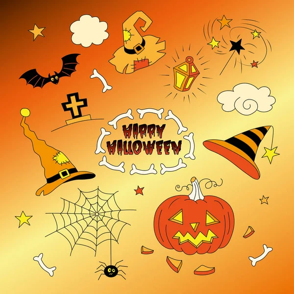 Halloween-Set, Kürbis, Mütze, Fledermaus, Kreuz. Schwarzer Hintergrund. — Stockvektor