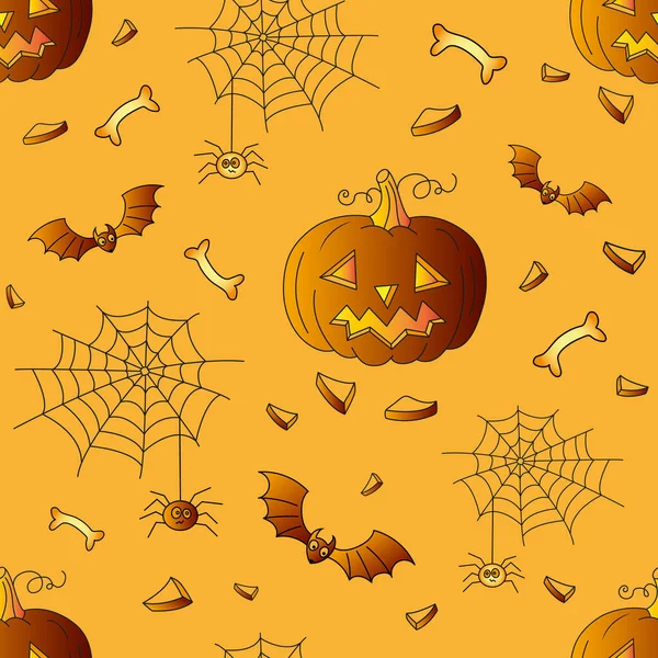 Halloween naadloze vectorachtergrond, pompoen, pet, knuppel, kruis. — Stockvector