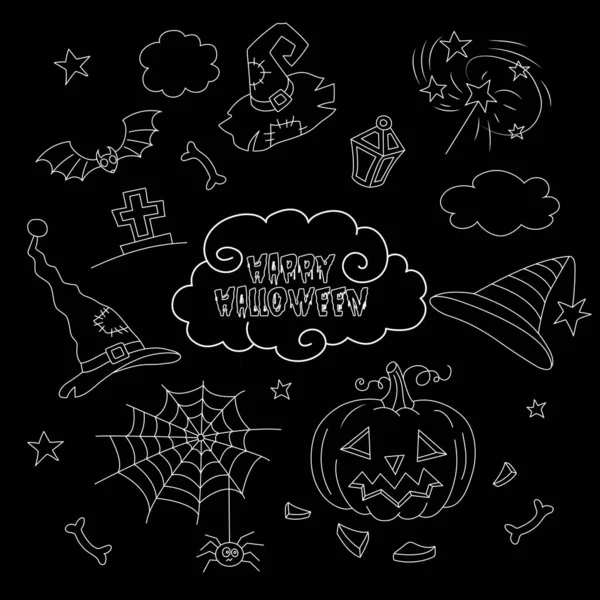 Set de vectores de Halloween, calabaza, gorra, bate. Ilustración del contorno en blanco y negro. — Vector de stock