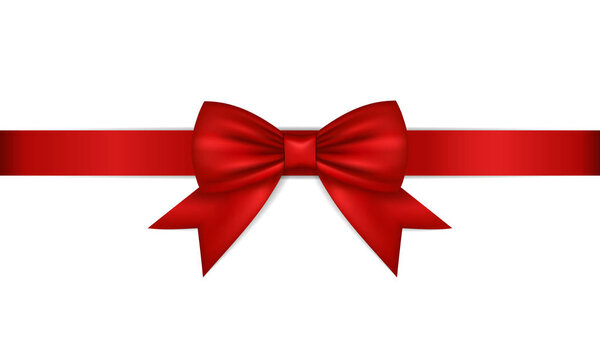 Realistic red bow with ribbon, isolated on white background.