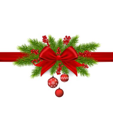 Noel dekorasyon köknar ağacı dalları, kırmızı meyveler ve yay, beyaz arka plan üzerinde izole.