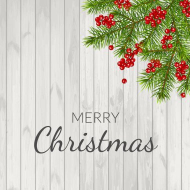 Çam dalları ve ahşap arka plan üzerinde izole kırmızı meyveler Noel arka plan.