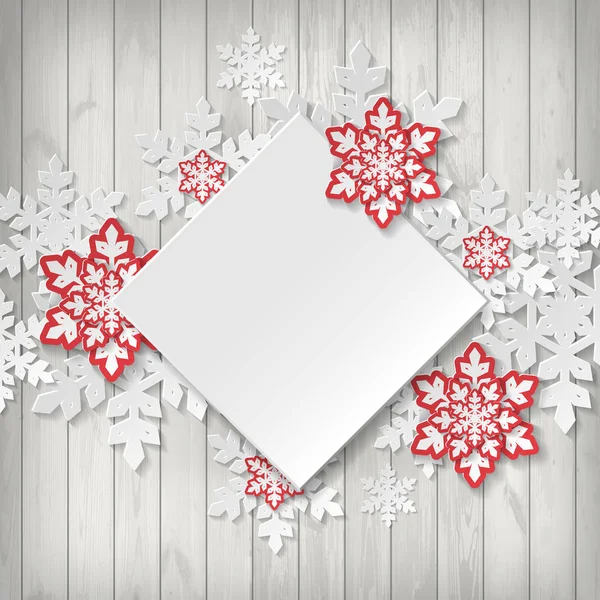 Χριστουγεννιάτικη Κάρτα Χαρτί Νιφάδες Χιονιού Ξύλινη Φόντο — Διανυσματικό Αρχείο