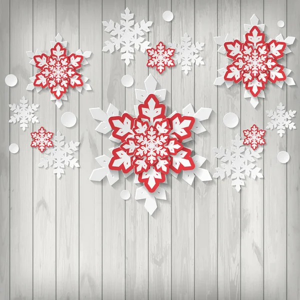 Christmas Greeting Card Paper Snowflakes Wood Background — Stock Vector