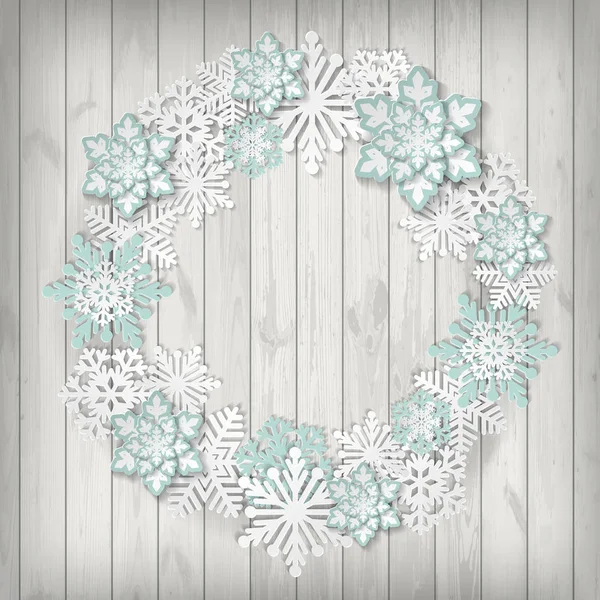Christmas Greeting Card Paper Snowflakes Wood Background — Stock Vector
