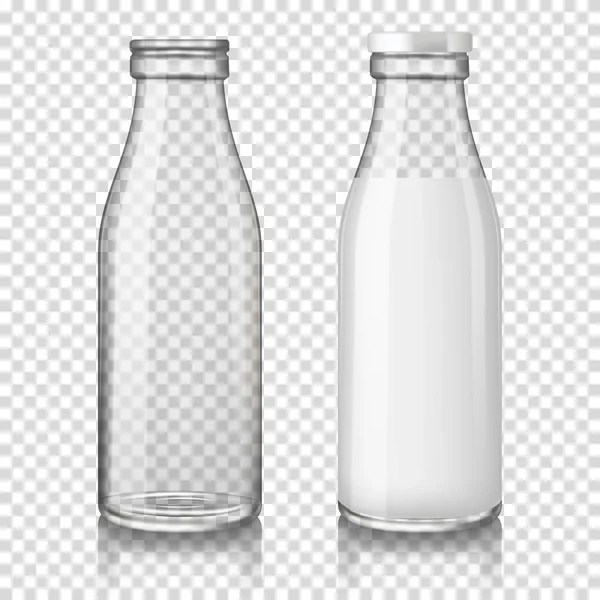 Реалістичні Прозорі Порожні Повні Скляні Пляшки Ізольовані Прозорому Фоні — стоковий вектор