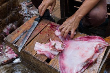 Erkek doğrama taze balık bir ahşap kutu üzerinde eller.