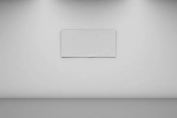 白色墙上的空白横幅 1 x 2。空房间中的水平横幅。3d 渲染，前视图. — 图库照片
