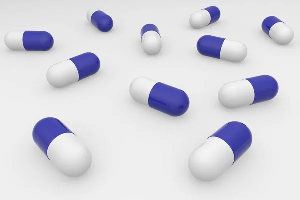 Μια ομάδα από μπλε λευκά χάπια σε λευκό φόντο. Αντιβιοτικά στην κάψουλα. απόδοση 3D — Φωτογραφία Αρχείου