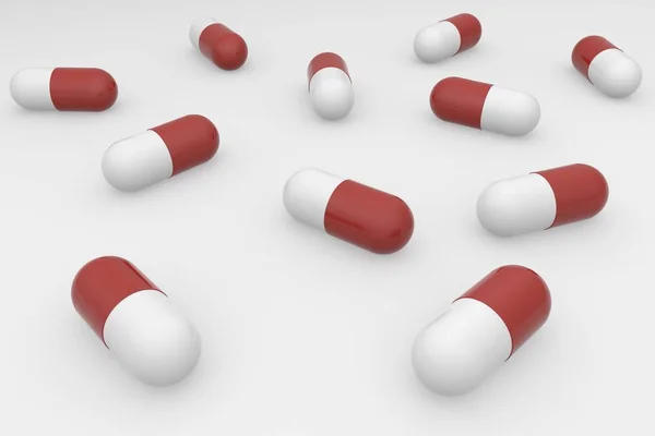 Un grup de pastile albe roșii pe un fundal alb. Antibiotice în capsulă. Redare 3d — Fotografie, imagine de stoc