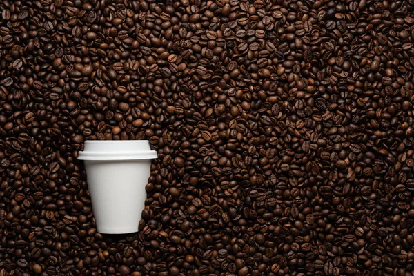 White disposable cup to go, on the background of coffee beans with empty space for text.