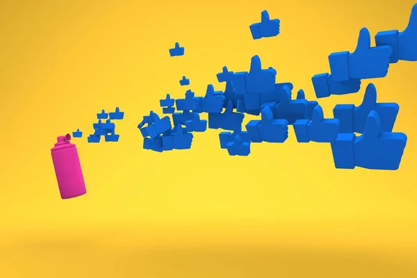 Pembe hava korna gibi sarı bir arka plan Concept fotoğraf başparmak ile mavi simgeler dışarı darbeler. 3d render.
