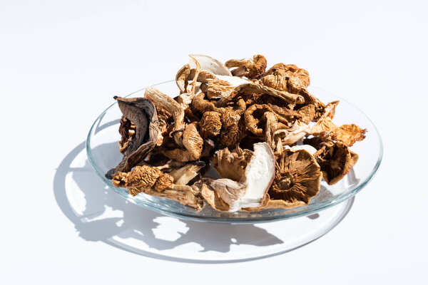 dried mushrooms in a glass bowl isolated on white