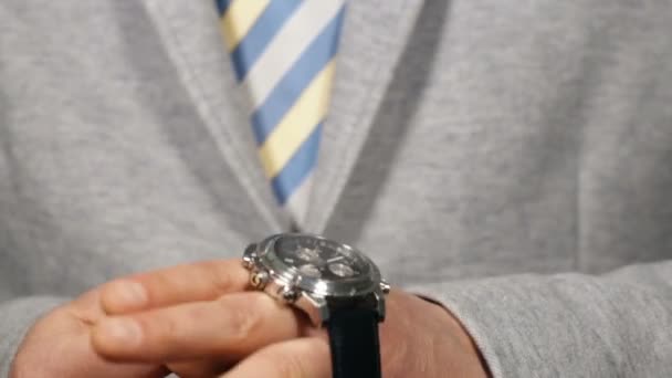 Businessman Suit Putting Watch Close — Stok Video