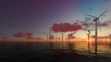 Kaydırma, 4 k güzel gündoğumu karşı offshore yel değirmenleri