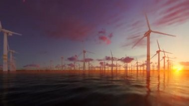 Güzel gün batımı, 4 k karşı teknisyeni ile offshore yel değirmenleri tekne