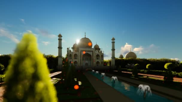 Taj Mahal e petali di fiori contro bella alba, panning, 4K — Video Stock