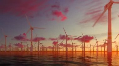 Güzel gün batımı, 4 k karşı teknisyeni ile offshore yel değirmenleri tekne